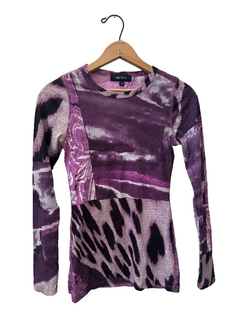 Karen Kane Y2K Purple Tie Dye Animal Print Mesh Long Sleeve Top Whimsigoth